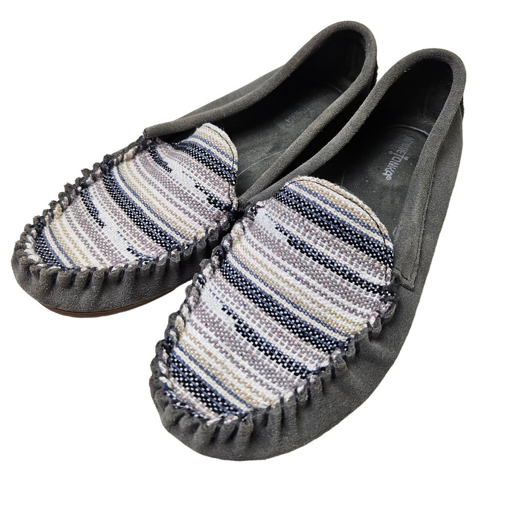 Minnetonka Sophia Suede Leather Boho Slip On Shoes Moccasins Women's 7 Grey